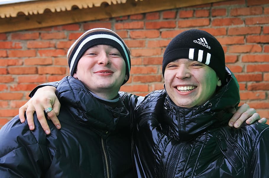two, young, men, adidas, man, boy, hat, wall, green, red, smile HD wallpaper