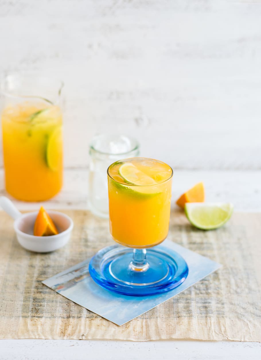 clear glass footed cup filled with liquid, drink, lime, orange HD wallpaper