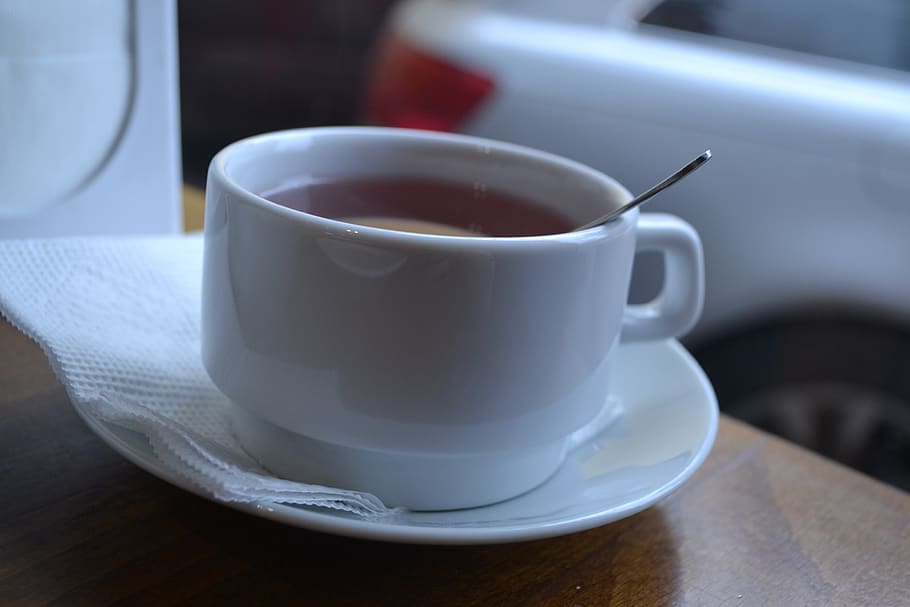 lviv, rest, cafe, cup, tea, spoon, plate, table, napkin, macro HD wallpaper