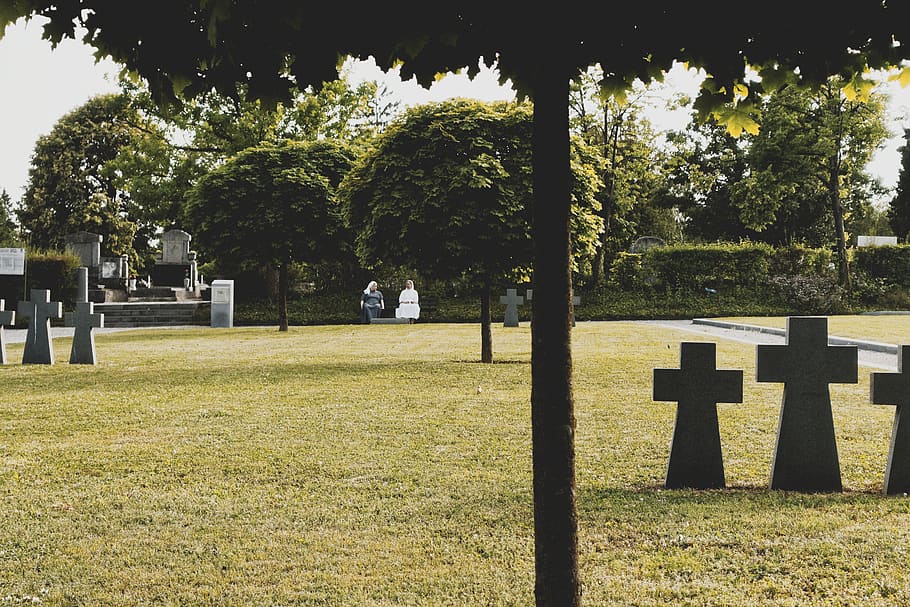 nun, graveyard, graves, grass, green, trees, zagreb, mirogoj HD wallpaper
