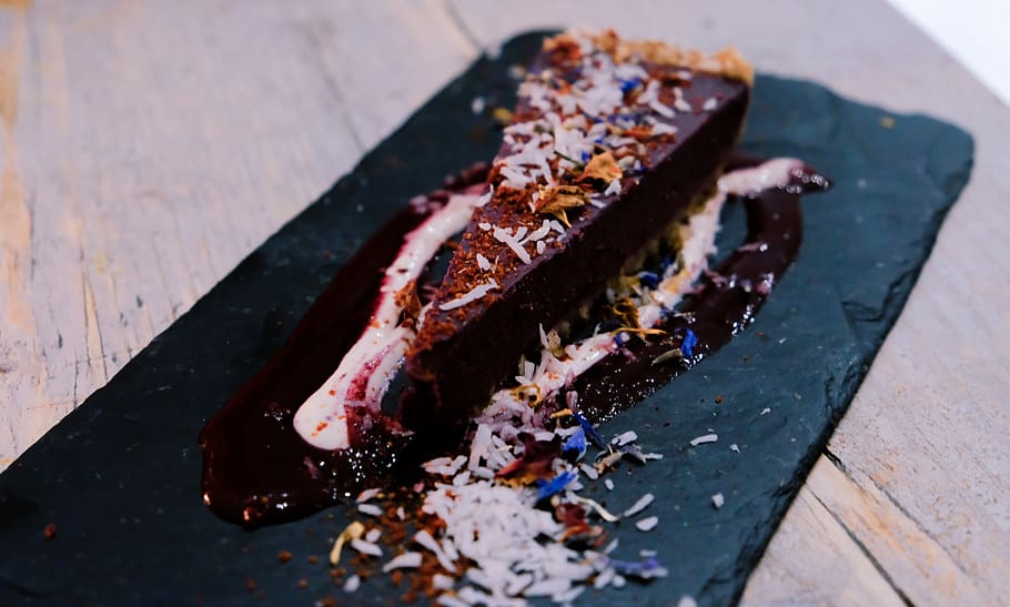 sliced chocolate cake with flakes, dessert, food, fudge, sweet HD wallpaper