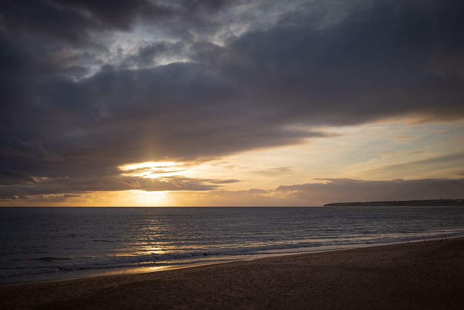 sunset, beach, sky, clouds, ocean, water, dusk, nature, dawn HD wallpaper