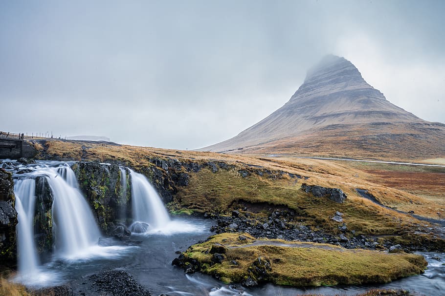 waterfalls near mountains during daytime, long exposure, mist HD wallpaper