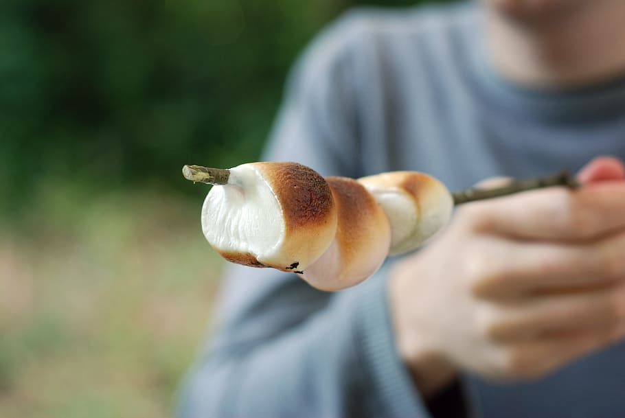 Grilled marshmallows, barbeque, one person, holding, food and drink HD wallpaper