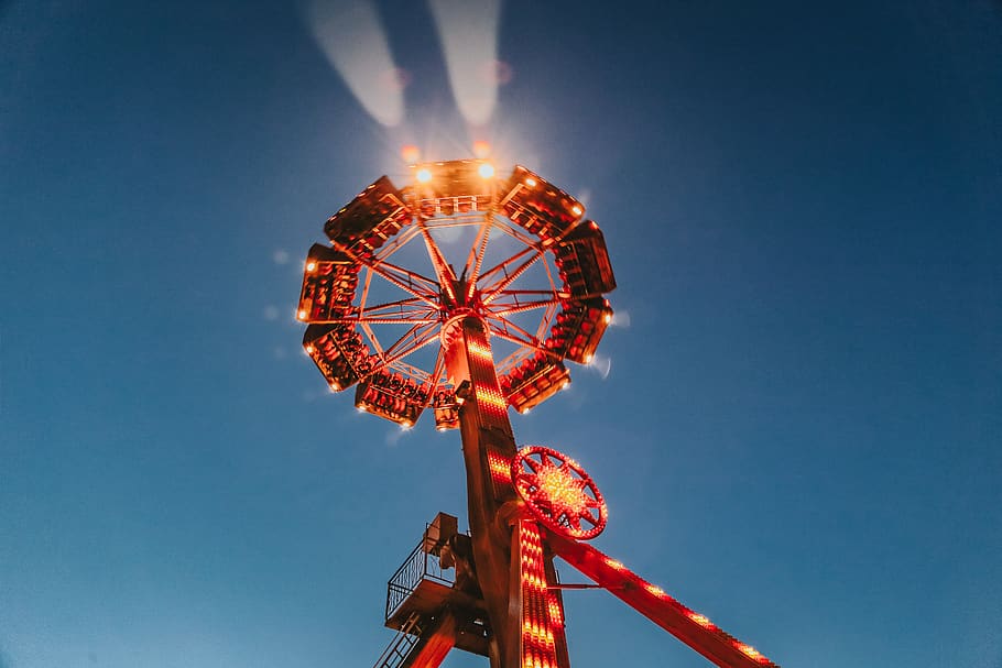 red carnival ride, person, parade, human, crowd, machine, spoke HD wallpaper