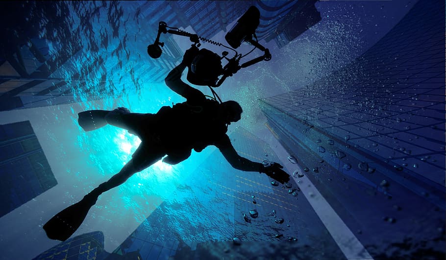 fantasy, building, ocean, diving, place, sport, water, light HD wallpaper