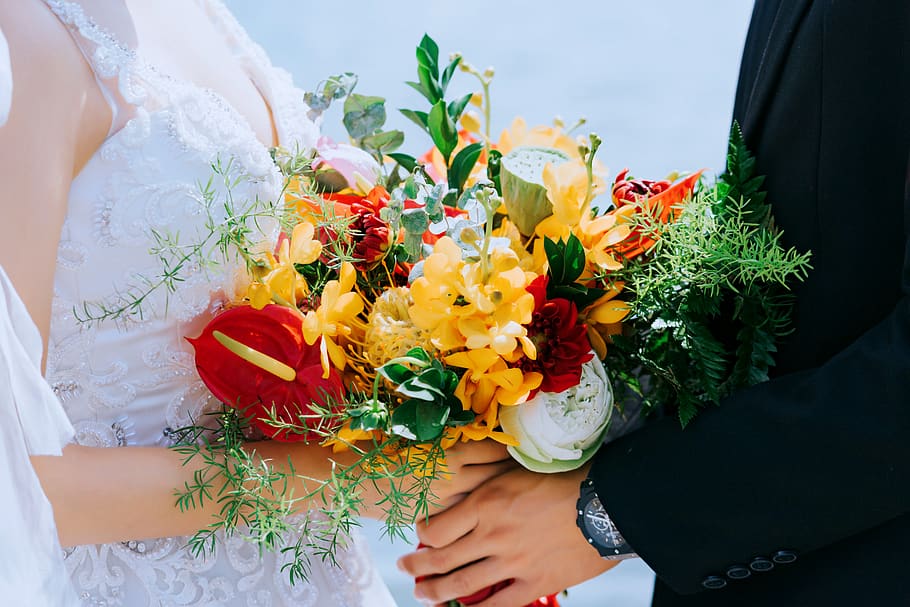 Bride and Groom Holding Bouquet of Flowers, beautiful, bloom