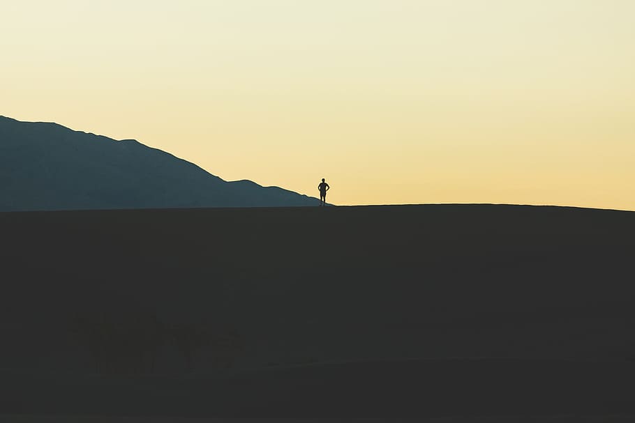 silhouette, mountain, guy, man, landscape, sky, adventure, travel HD wallpaper