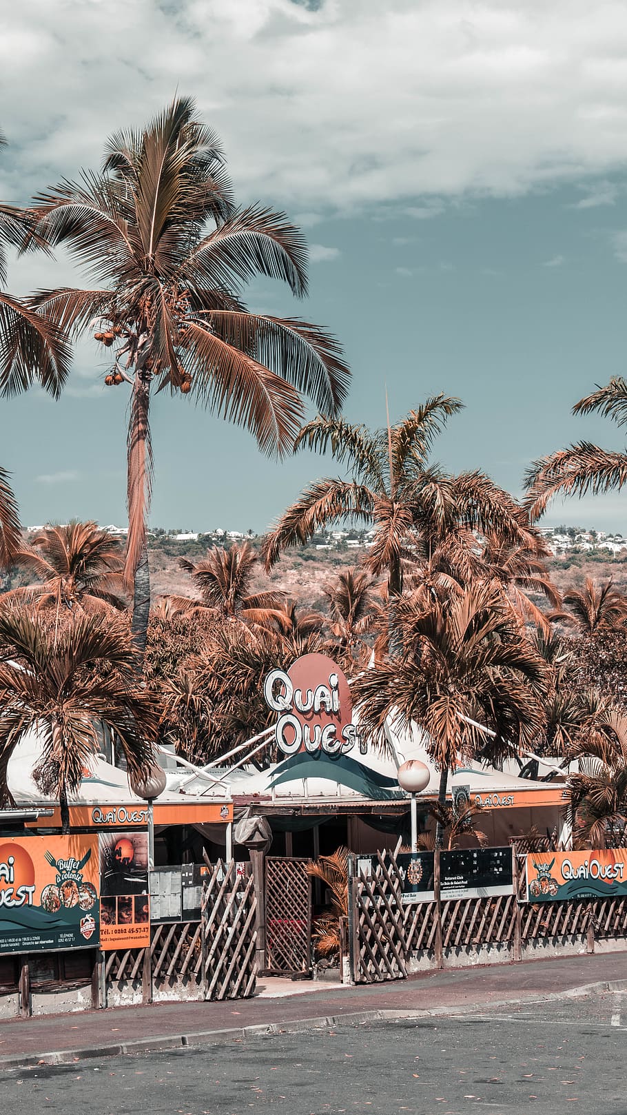 réunion, trees, restaurant, white, orange, palm tree, sky HD wallpaper