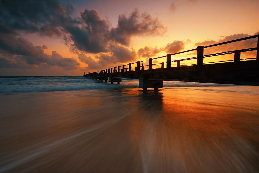 Silhouette Image Of Pier, dawn, dusk, jetty, ocean, sand, sea HD wallpaper