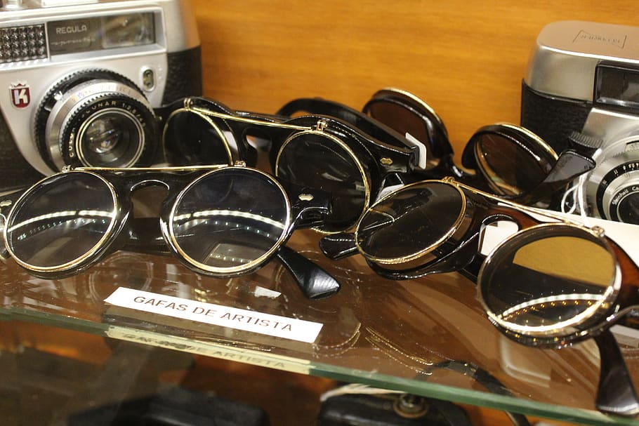 spain, barcelona, glasses, camera, large group of objects, indoors HD wallpaper