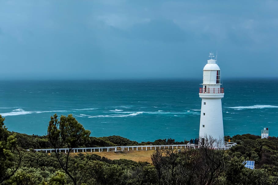 australia, tree, sea, ocean, lighthouse, sky, heaven, waves HD wallpaper