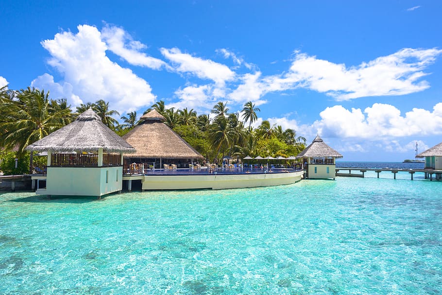Resort With Cottages, beach, hotel, idyllic, ocean, paradise HD wallpaper
