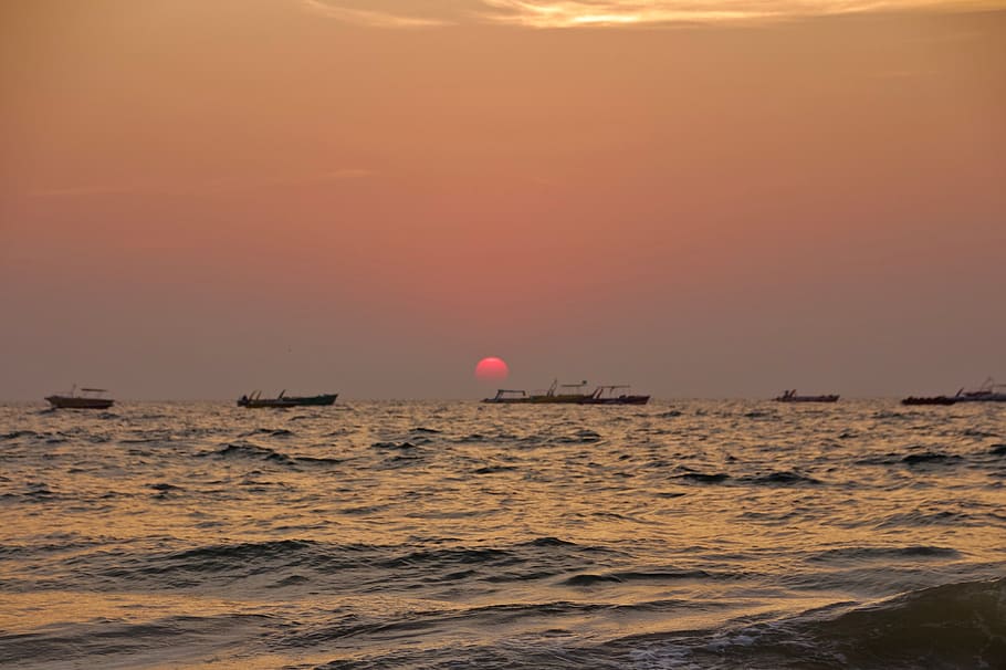india, goa, sunset, ocean, asia, orange, sea, sky, beauty in nature HD wallpaper