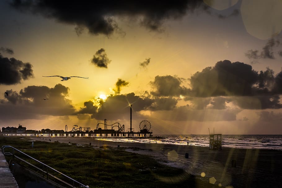 sunrise, light, flares, rays, bokeh, galveston, pleasure island pier, HD wallpaper