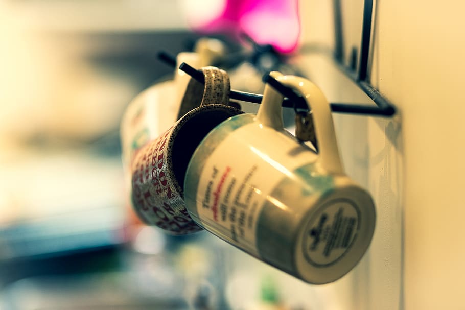 kitchen scene, cups, blur, coffee, tea, close-up, indoors, focus on foreground HD wallpaper