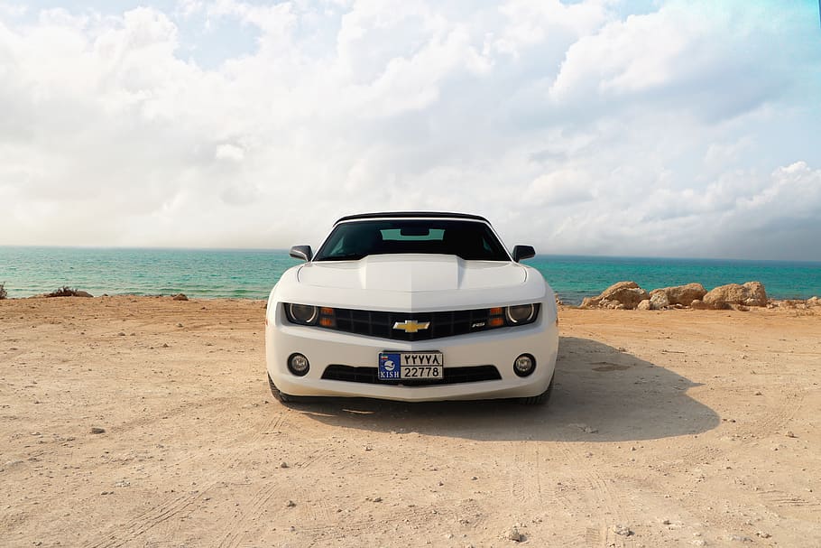 white Chevrolet car, sea, sky, water, land, beach, cloud - sky HD wallpaper