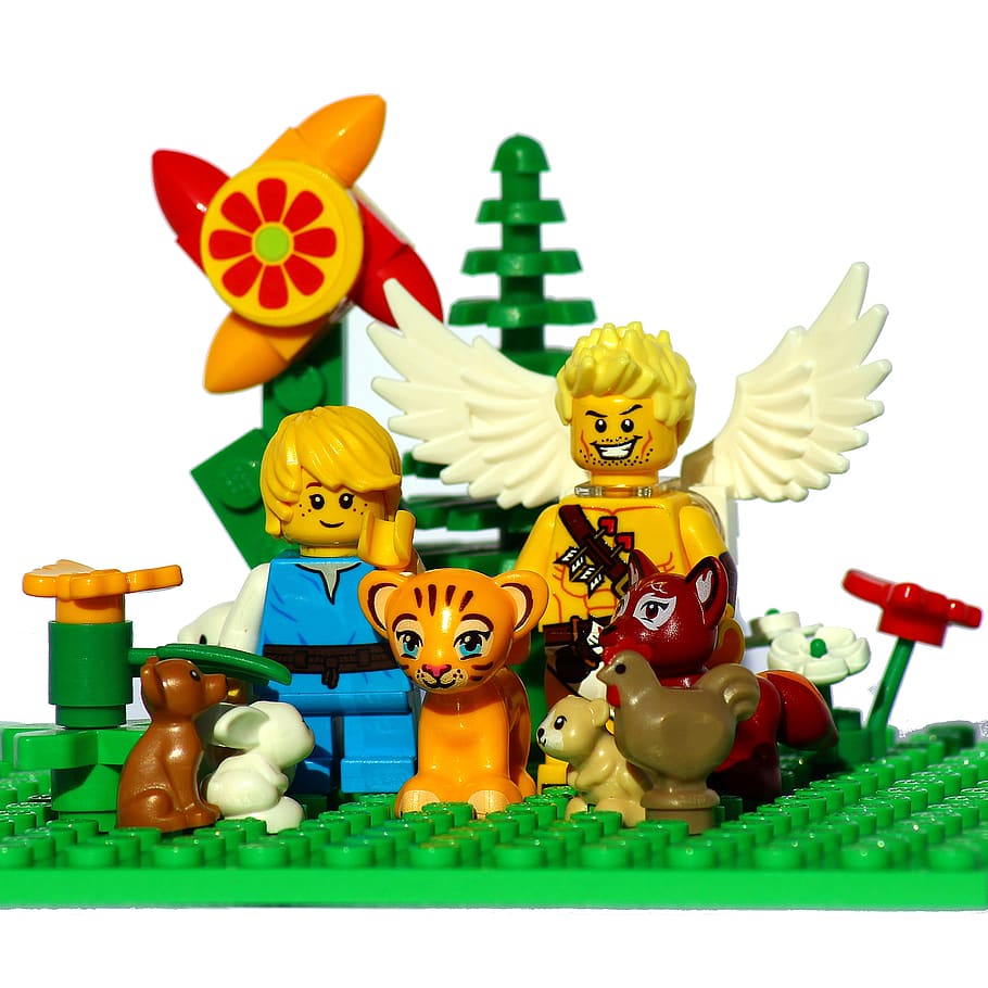lego, mini figures, animals, angel, sky, paradise, model, bible