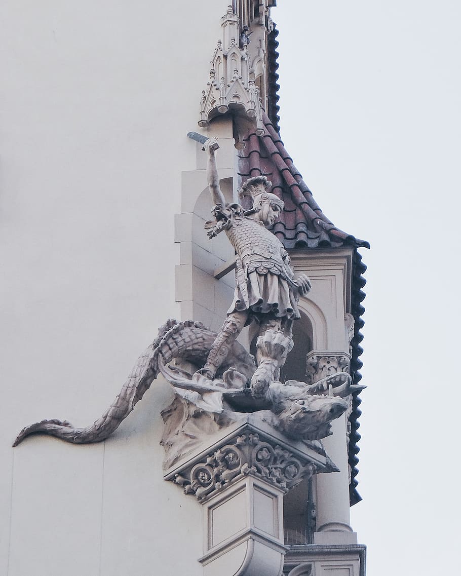 Knight Standing on Dragon Statue, ancient, architectural, architecture HD wallpaper