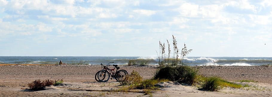 beach, ocean, sand, panoramic, landscape, seascape, bikes, water HD wallpaper