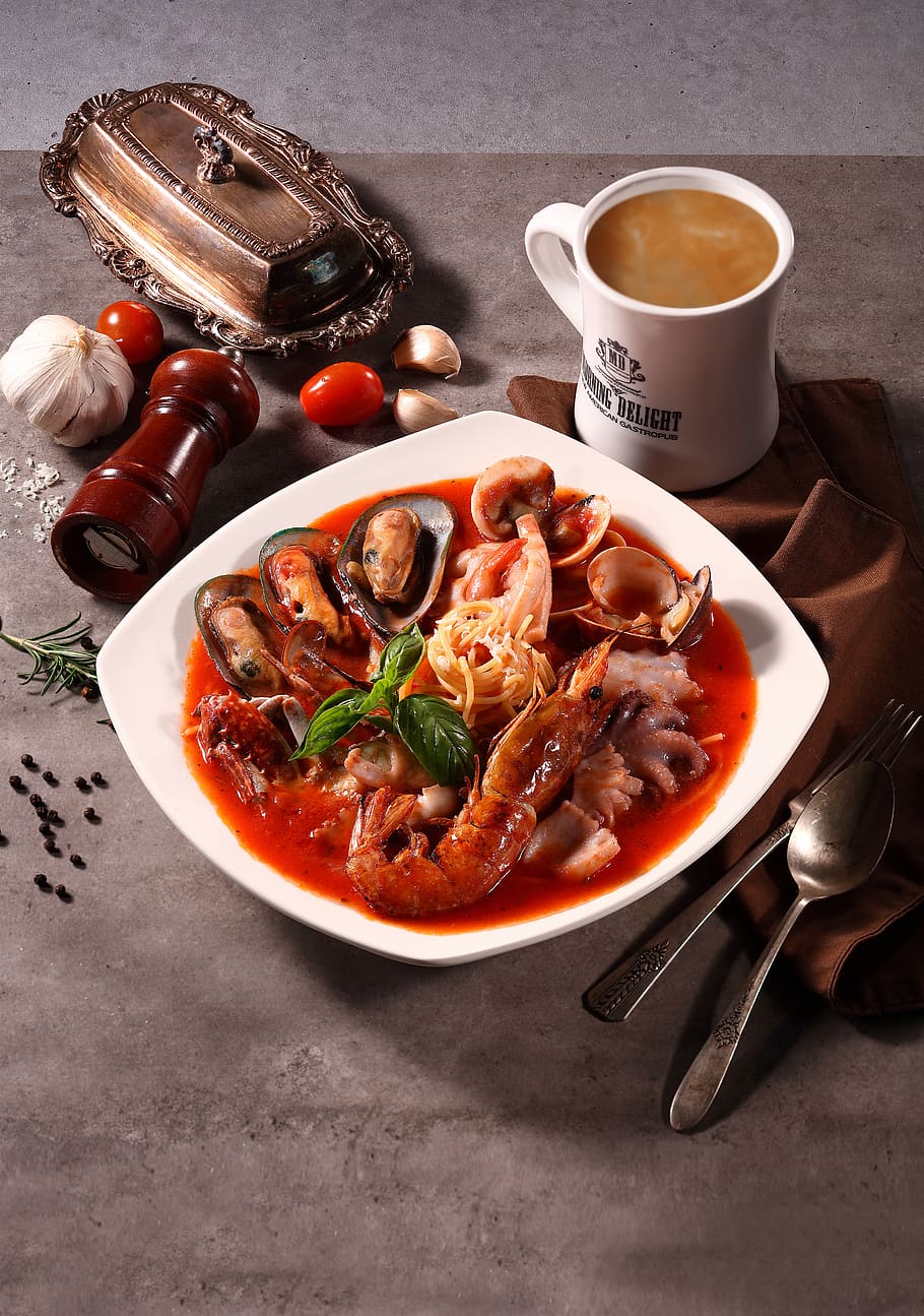 spaghetti, seafood, dining, pasta, restaurant, italian food HD wallpaper