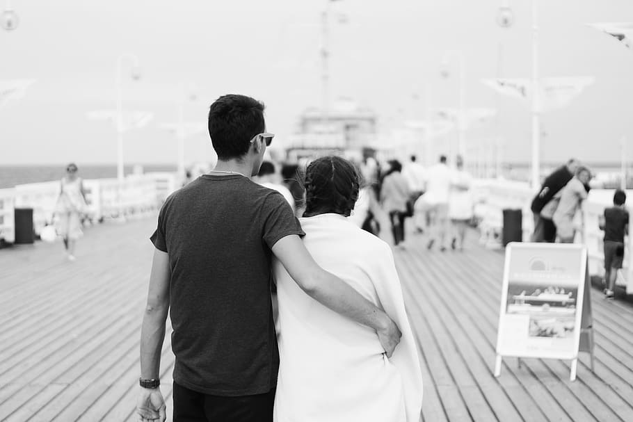 Monochrome Photography of Couple on Boardwalk, 4k wallpaper, affection HD wallpaper