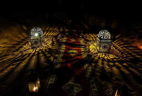 two turned-on black lamps, lighting, art, pattern, stained glass HD wallpaper