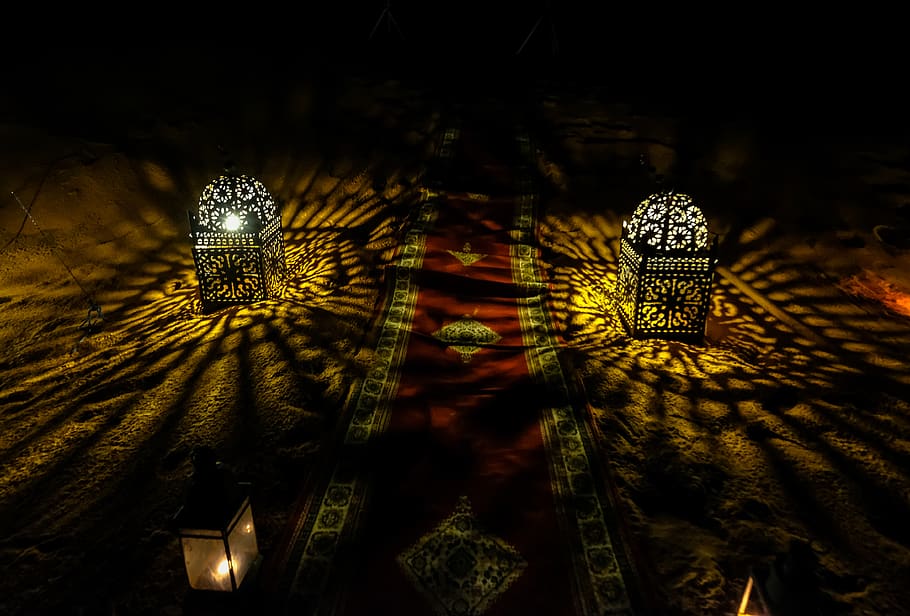 two turned-on black lamps, lighting, art, pattern, stained glass HD wallpaper
