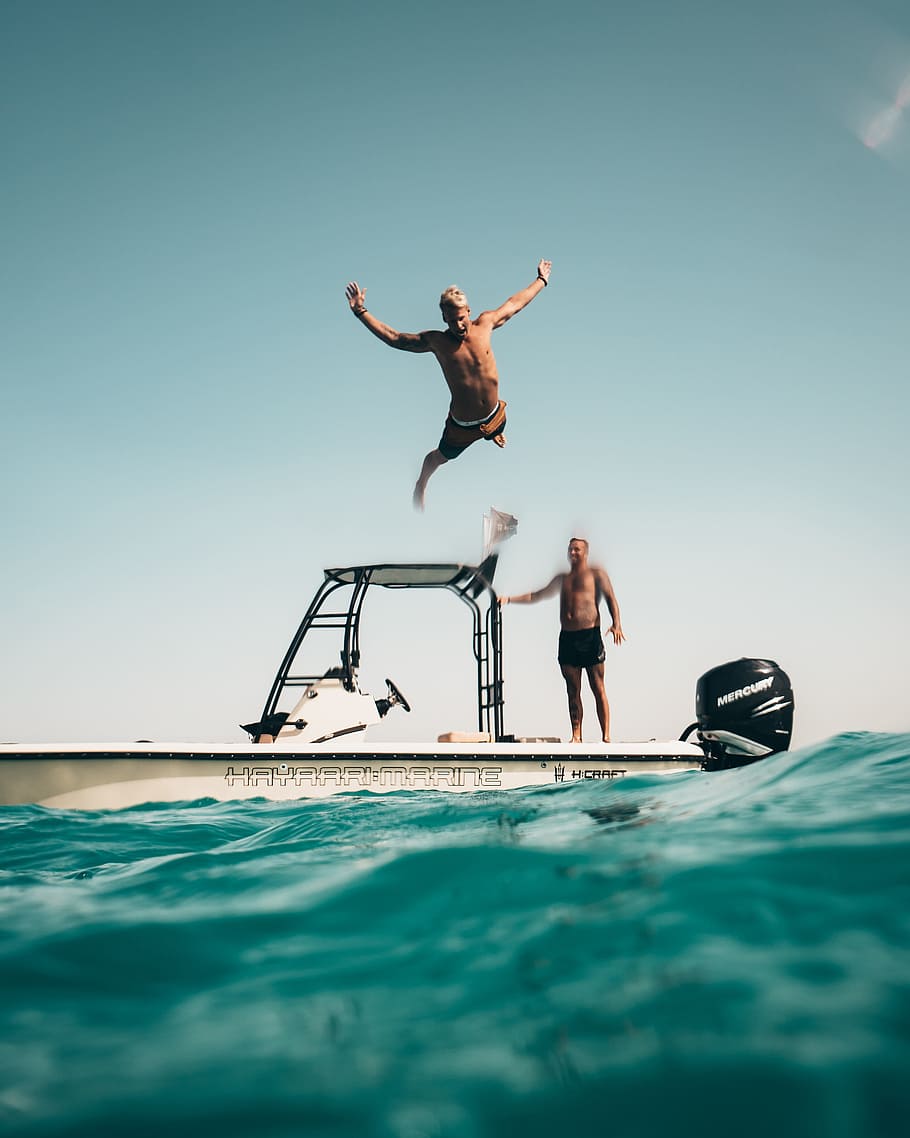 man, jumping, sea, swim, summer, vacation, travel, holiday HD wallpaper
