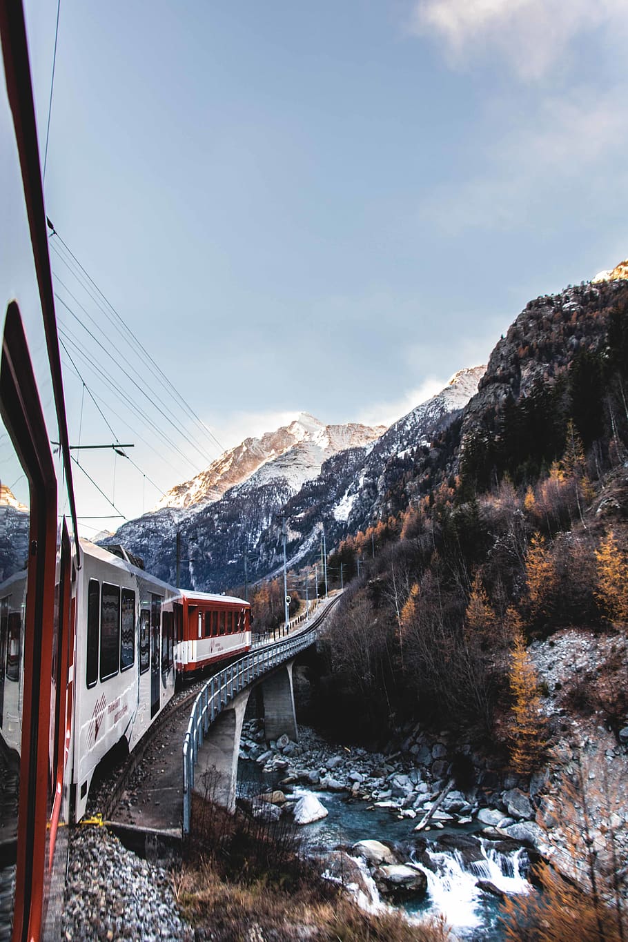 switzerland, zermatt, train, forest, matterhorn, alps, winter HD wallpaper
