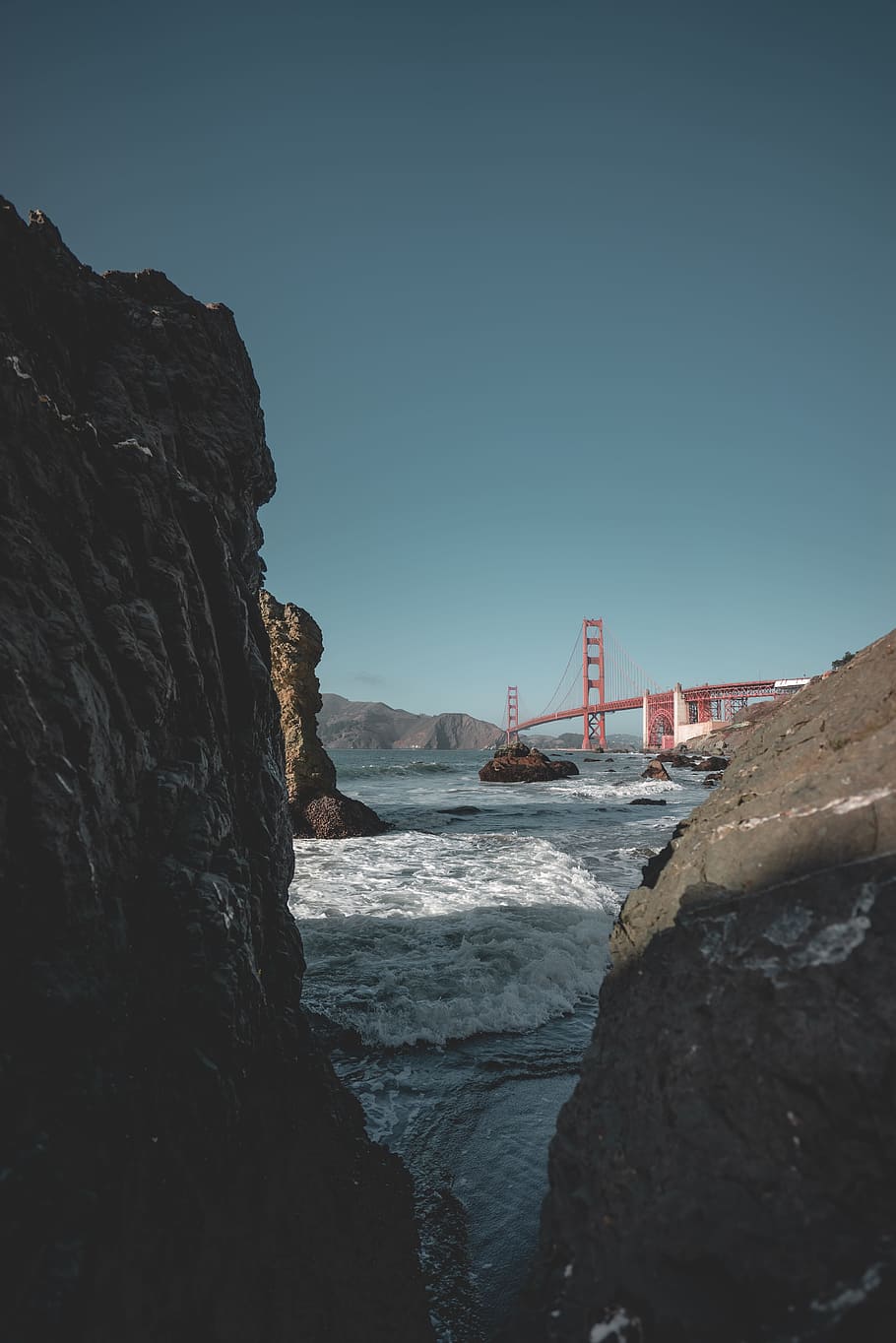 red bridge under blue sky during daytime, water, cliff, structure HD wallpaper