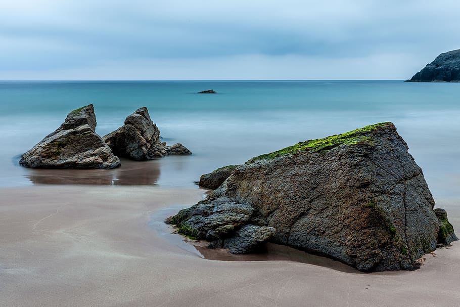 3 Brown Boulders on Seashore during Daytime, beach, nature, ocean HD wallpaper