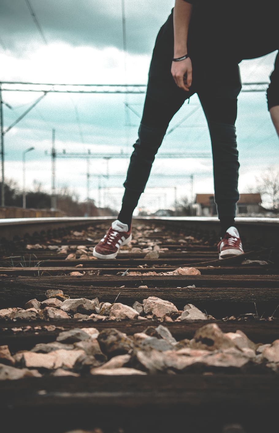 rails, human, people, sky, human body part, low section, real people HD wallpaper