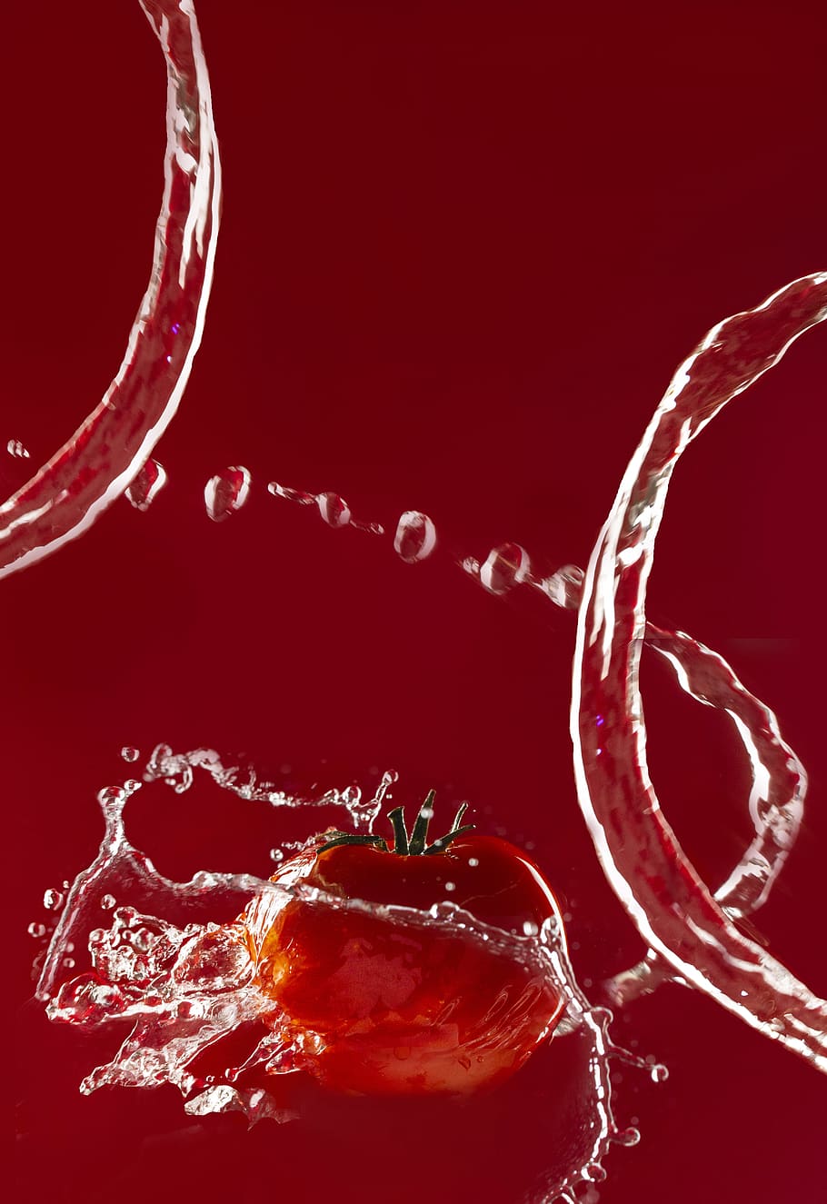 tomato photo, studio shot, red, water, close-up, motion, colored background HD wallpaper