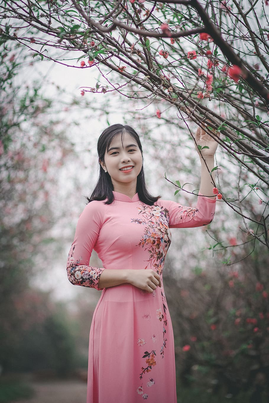 Women's Pink and Black Floral Dress, ao dai, attractive, beautiful