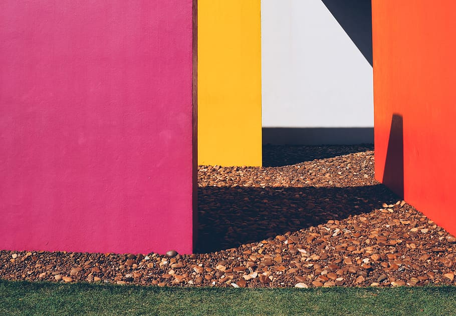 wall casting shadow on ground during daytime, white, yellow, pink HD wallpaper