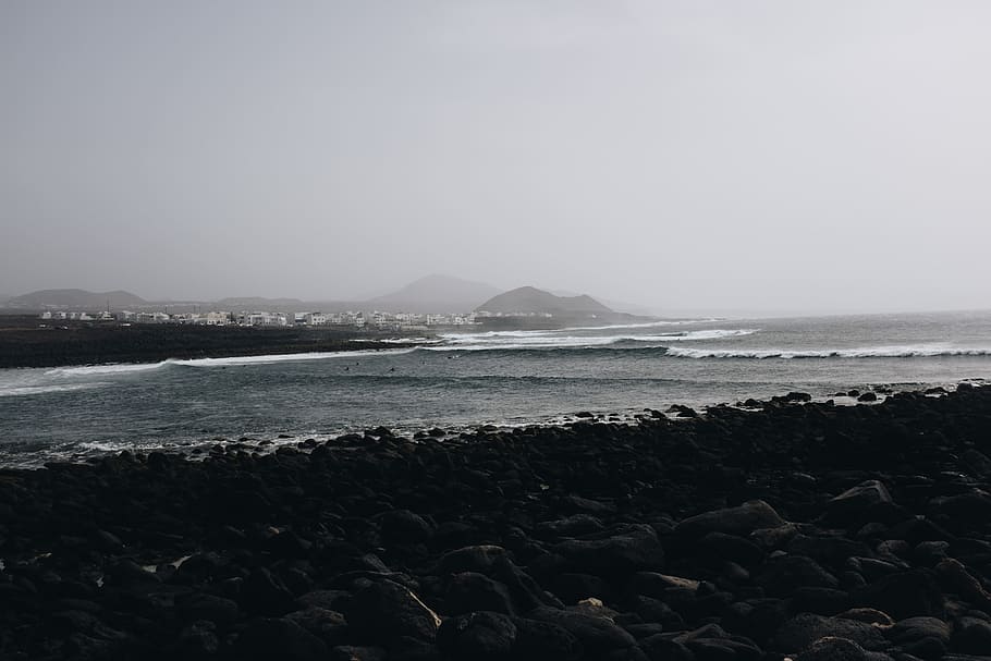 beach, black, gray, islands, landscapes, rocks, sea, shore HD wallpaper