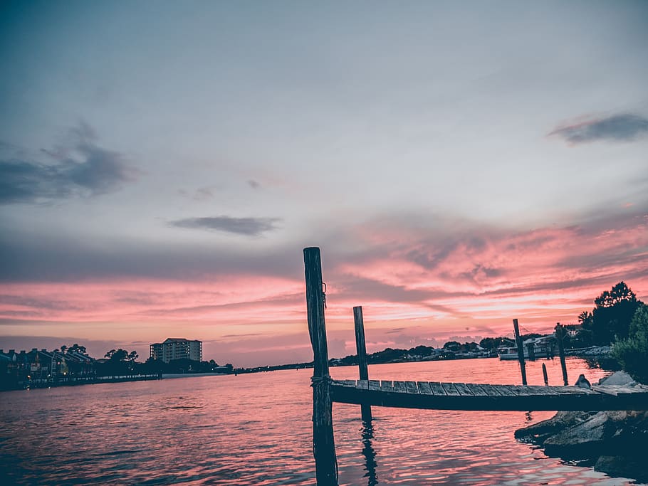 black dock, sunset, dawn, sunrise, dusk, sky, red sky, nature HD wallpaper
