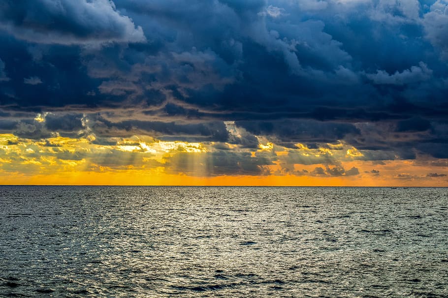 storm, stormy clouds, horizon, sunset, seascape, nature, sky HD wallpaper