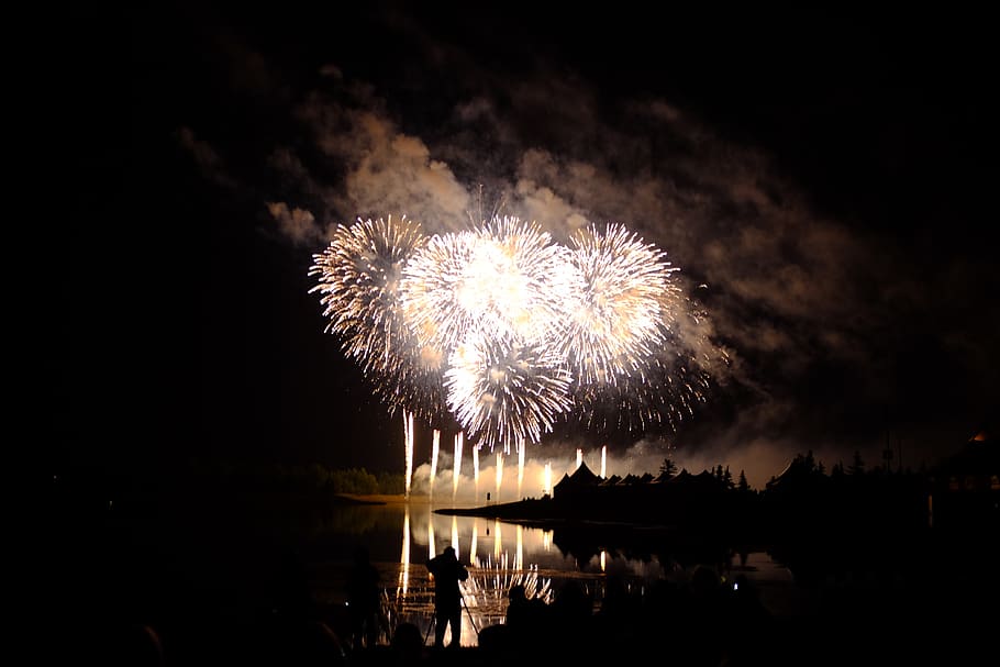 canada, calgary, light, night, firework, bright, water, firework display HD wallpaper