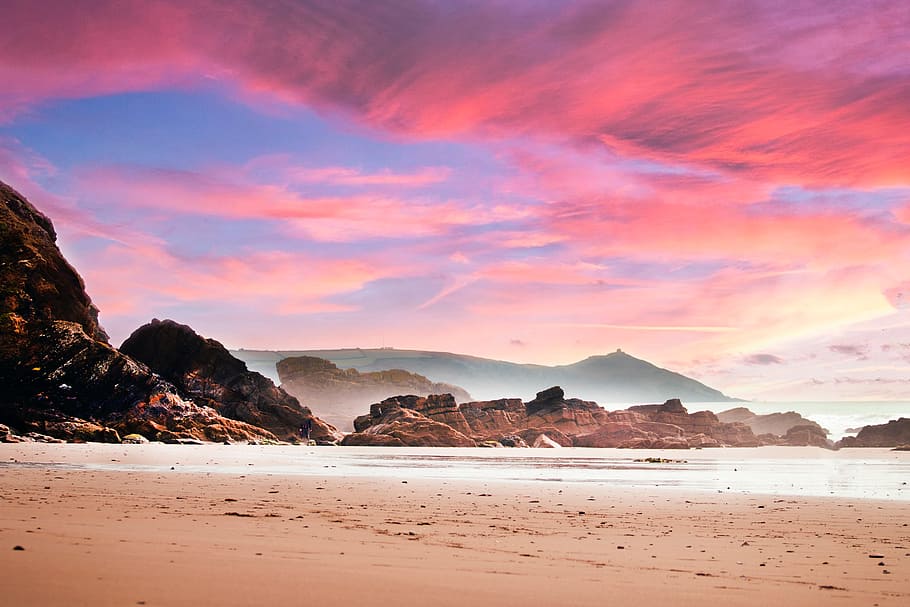 beach, coast, landscape, clouds, dusk, island, red sky, nature HD wallpaper