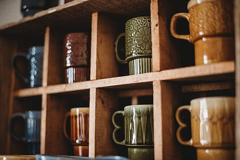 assorted-color ceramic mug on the shelf, furniture, coffee cup HD wallpaper