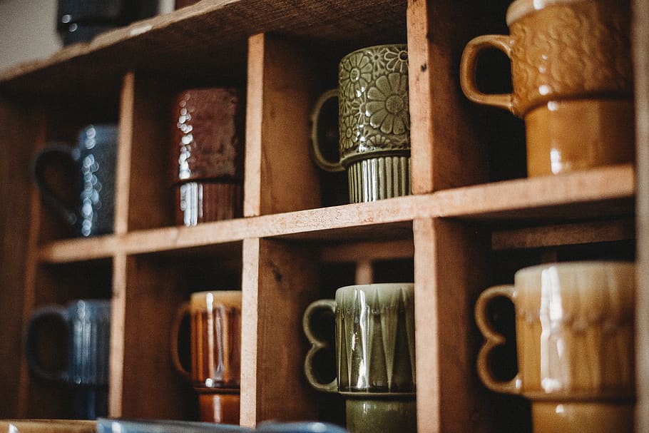 assorted-color ceramic mug on the shelf, furniture, coffee cup HD wallpaper