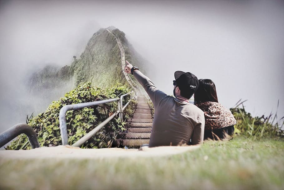 Photography of Couple Sitting on Green Grass Near Bridge, beautiful HD wallpaper