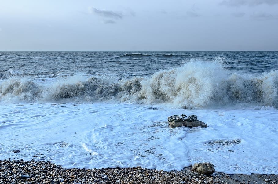 sea, wave, scum, rock, ocean, nature, beach, water, horizon HD wallpaper