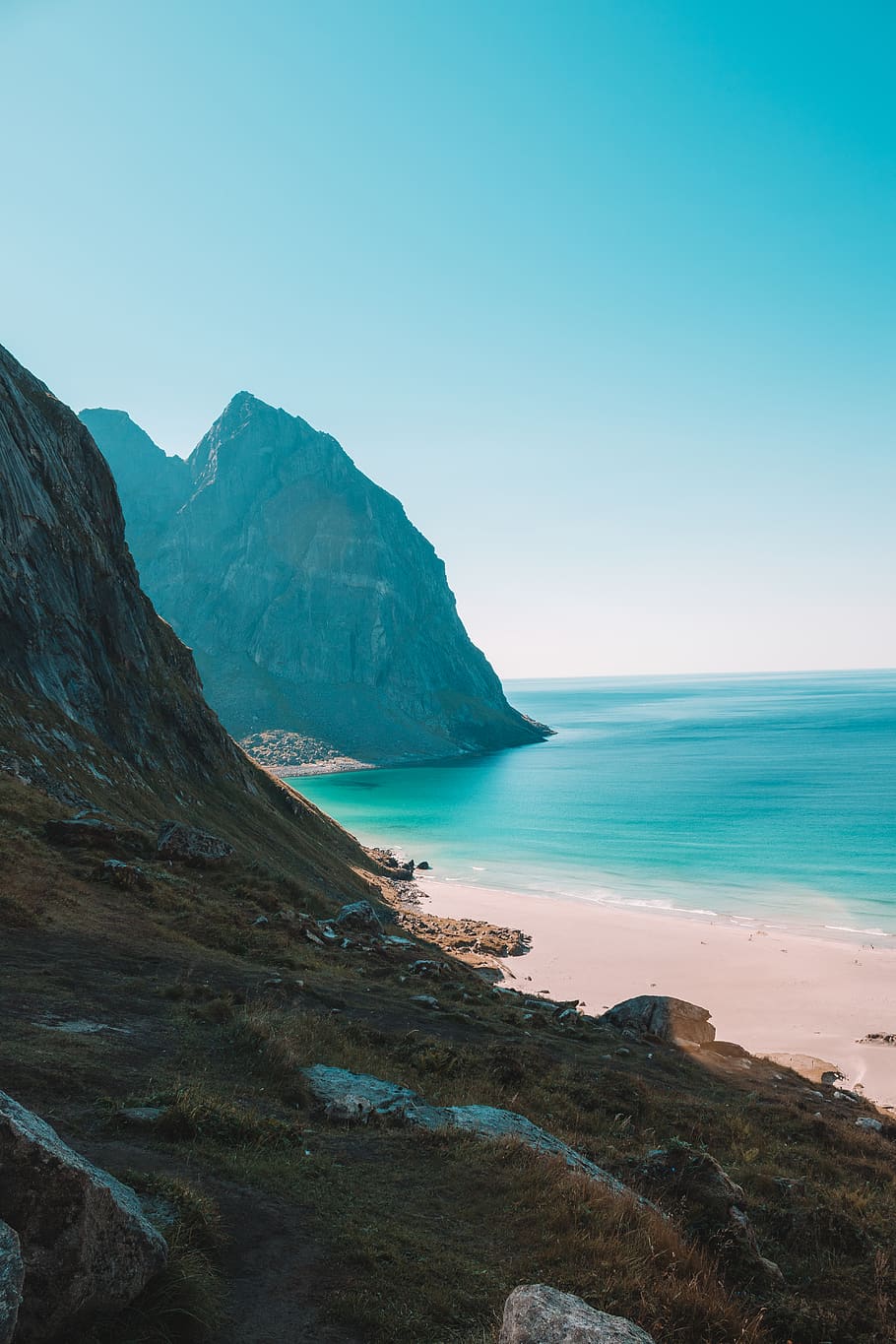 landscape photograph of beach near mountain, norway, sea, coast, HD wallpaper