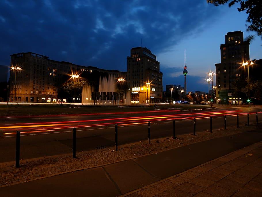 germany, berlin, strausberger platz, illuminated, architecture HD wallpaper