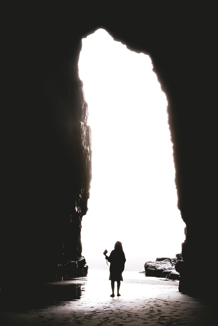 person standing in cave, rock, hazy, skye, gaze, girl, wanderlust HD wallpaper