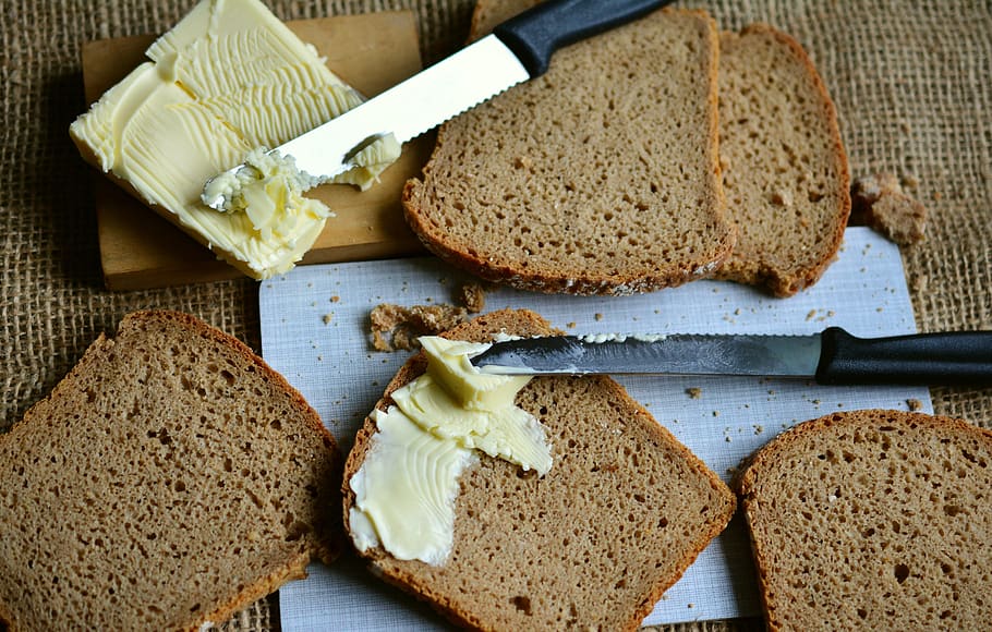 bread, butter, bread and butter, whole wheat bread, bread slices, HD wallpaper
