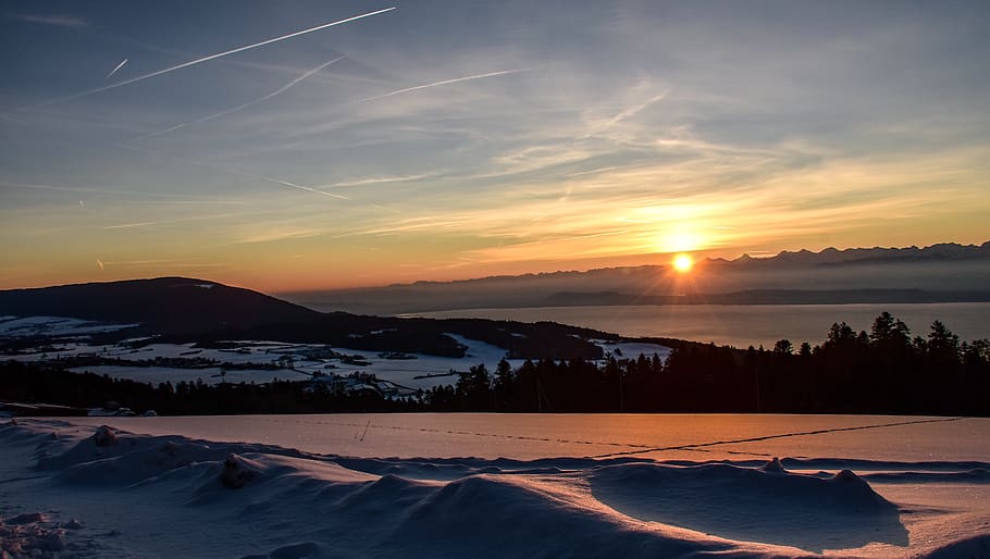 sunrise, snow, mountain, sky, forest, silhouettes, alps, winter HD wallpaper